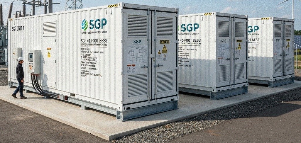 Unidade Powerhouse Elétrica SGP E40-P1 — corte técnico dos contentores de baterias (BESS)